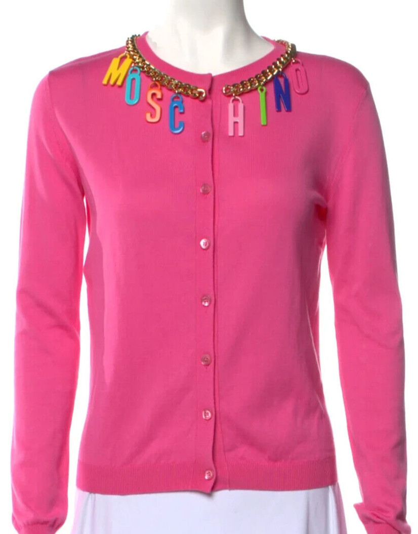 Moschino Couture BARBIE PINK Logo Letter Gold Chain Cardigan Sweater SMALL S