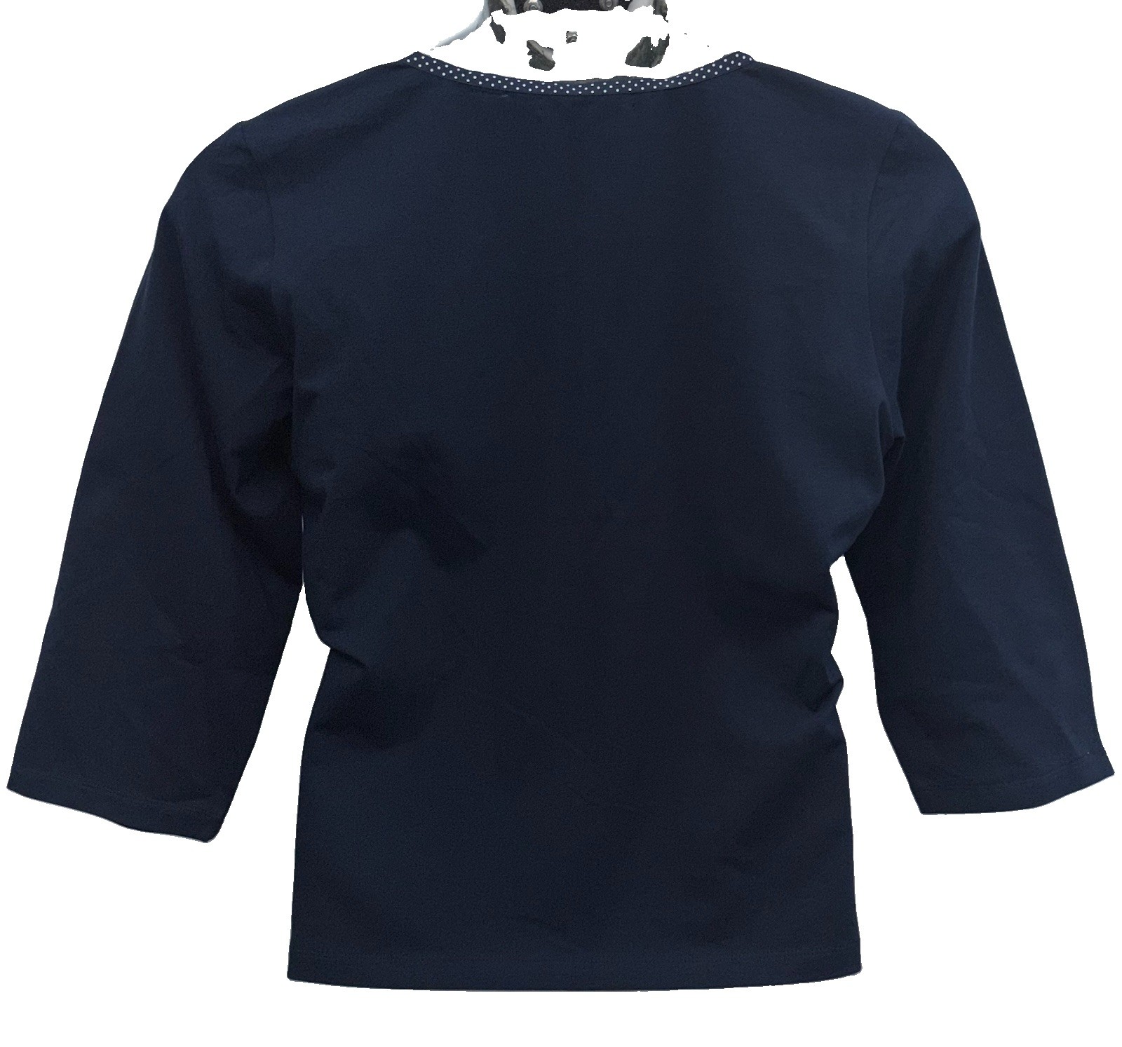 Liz Claiborne Women Size XL Pullover 3/4 Sleeve Polka Dot V-Neck Top Navy w/Bow