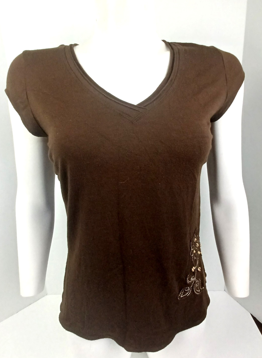 Lole Womens V Neck Cap Short Sleeve Ruched Embellished T -Shirt Brown Medium