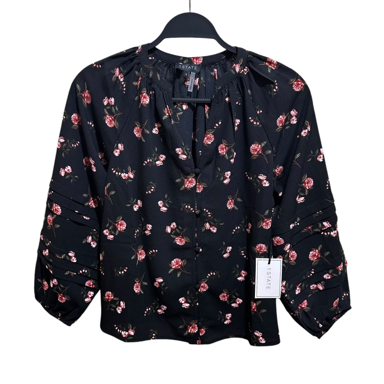 1.STATE Womens Size S Black Pink Floral Pintuck Sleeve Button Front Blouse NEW