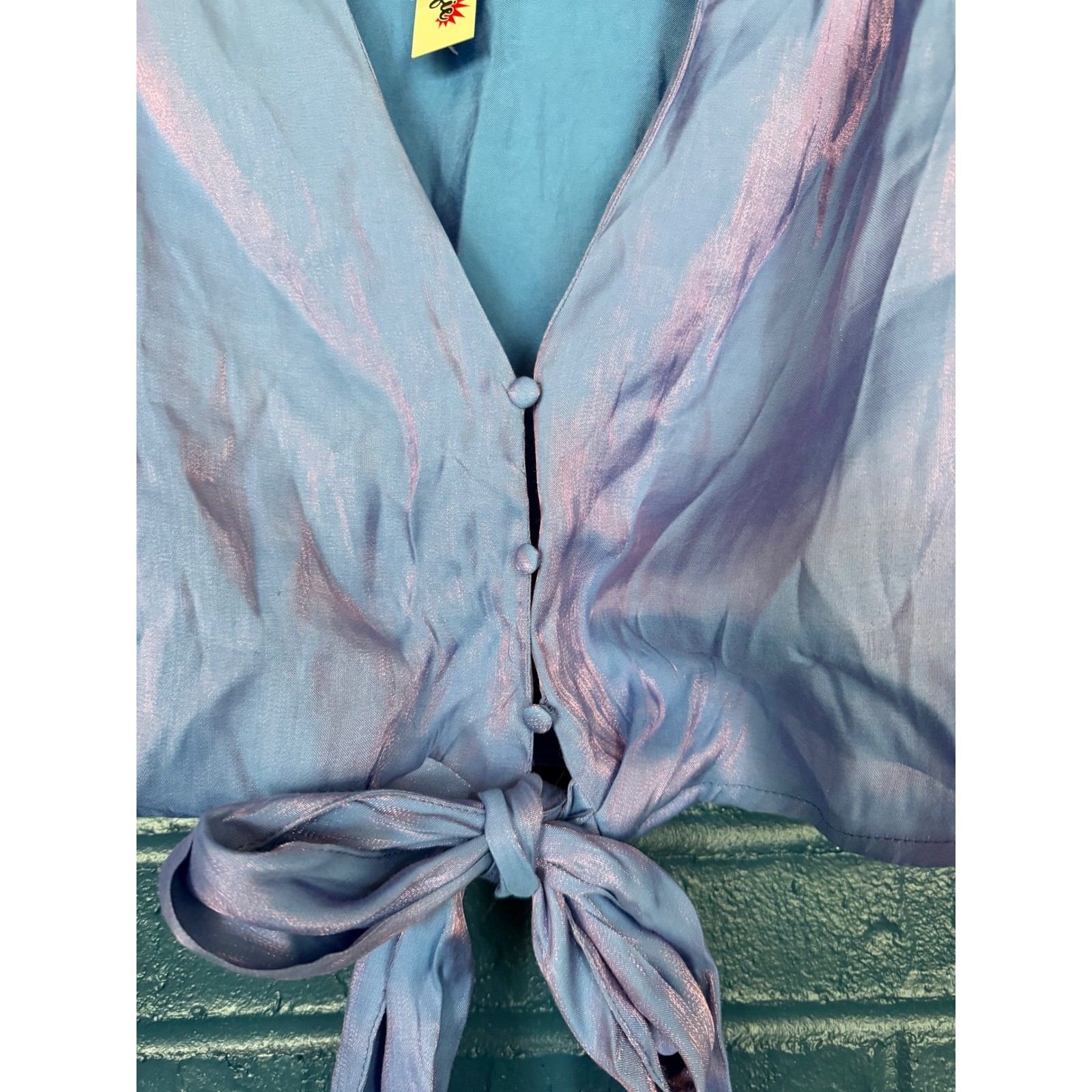 Iridescent Whimsical Shimmer Puff Sleeve Tie Front Crop Top Large Miss Selfie