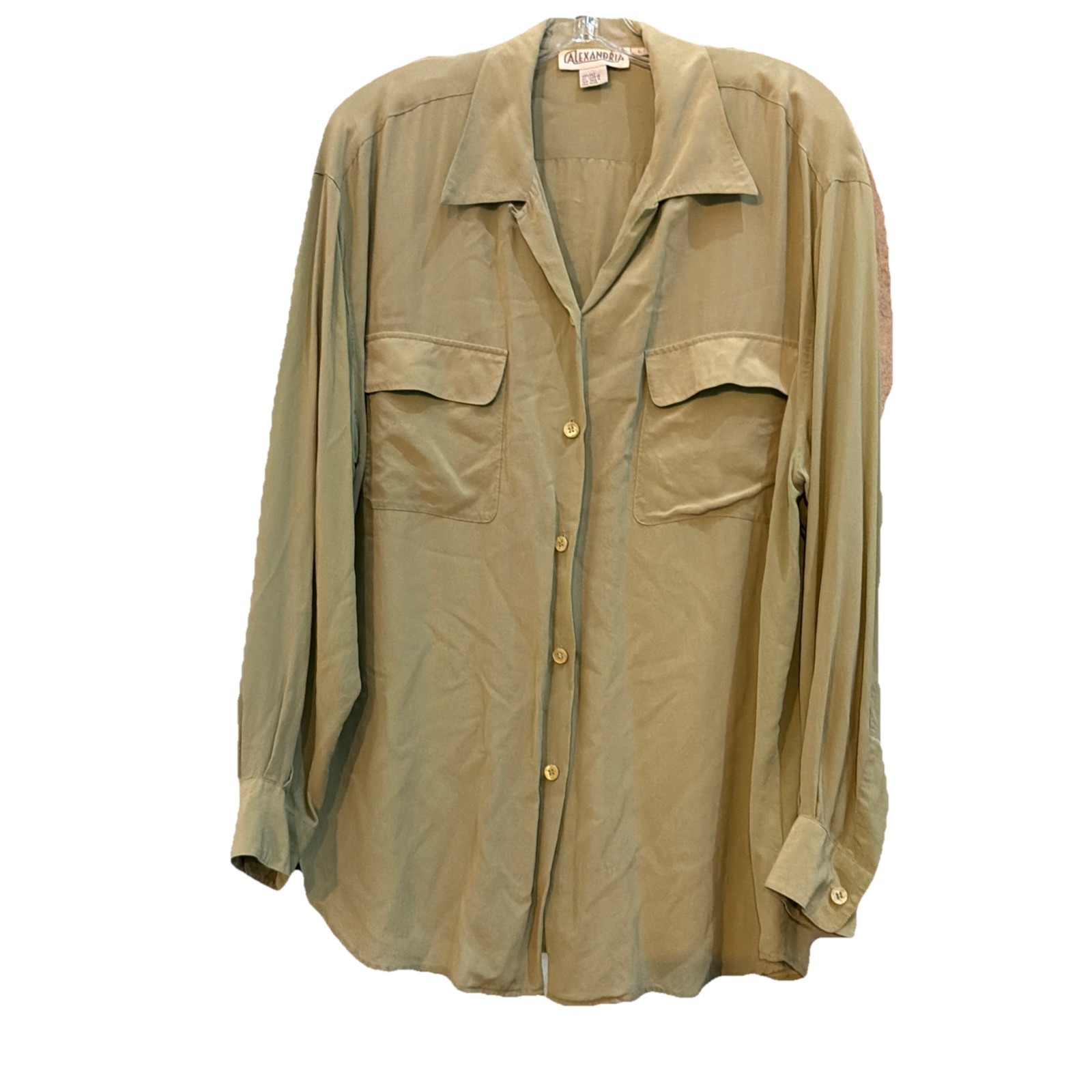 Vintage Y2K Alexandria L Minimalist 100% Silk Button Up Collar Blouse Sage Green