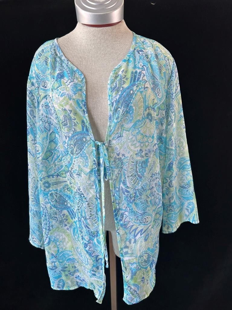 White Stag open top size 18 20W Womens Plus 3/4 sleeve tie front beads floral