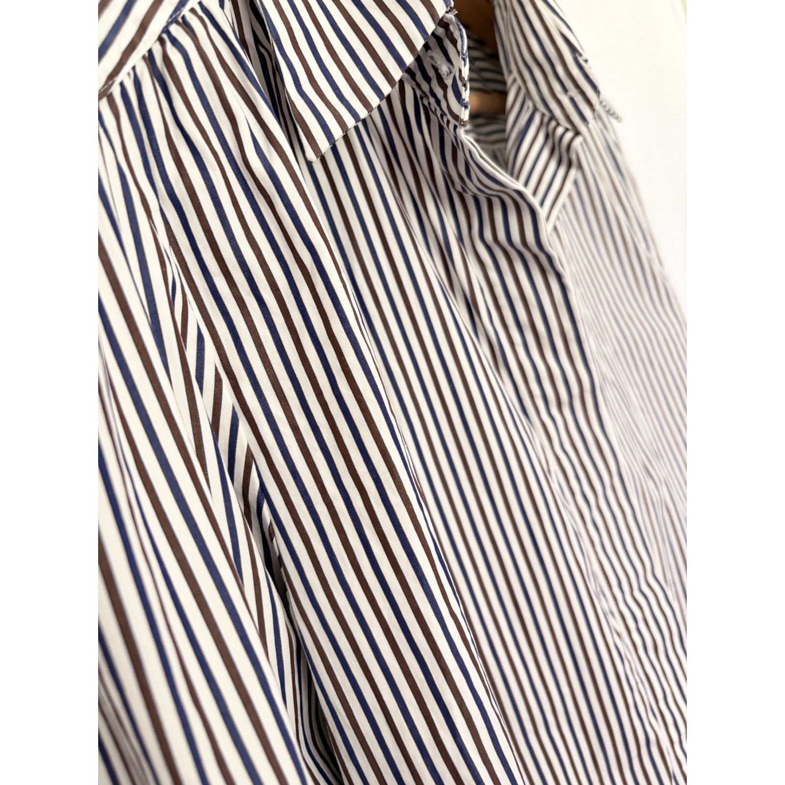 Caliban Italy Striped Button Down Shirt Navy Brown White Gathered Shoulder 46