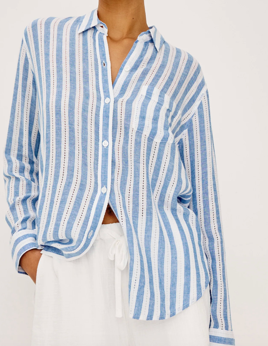 Rails Blue White Stripe Linen Blend Button Front Charli Shirt women Size M