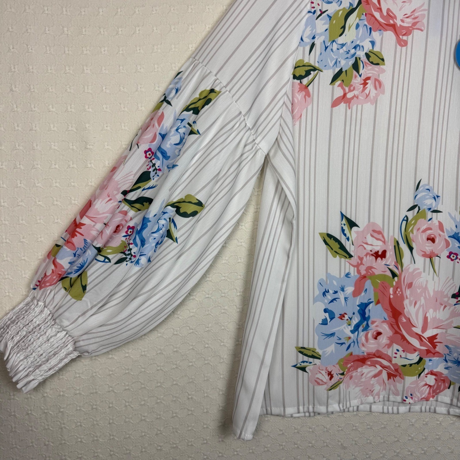 NWT Cupshe Floral Striped Blouse Balloon Sleeve Womens Small Smocked Cuff Boho