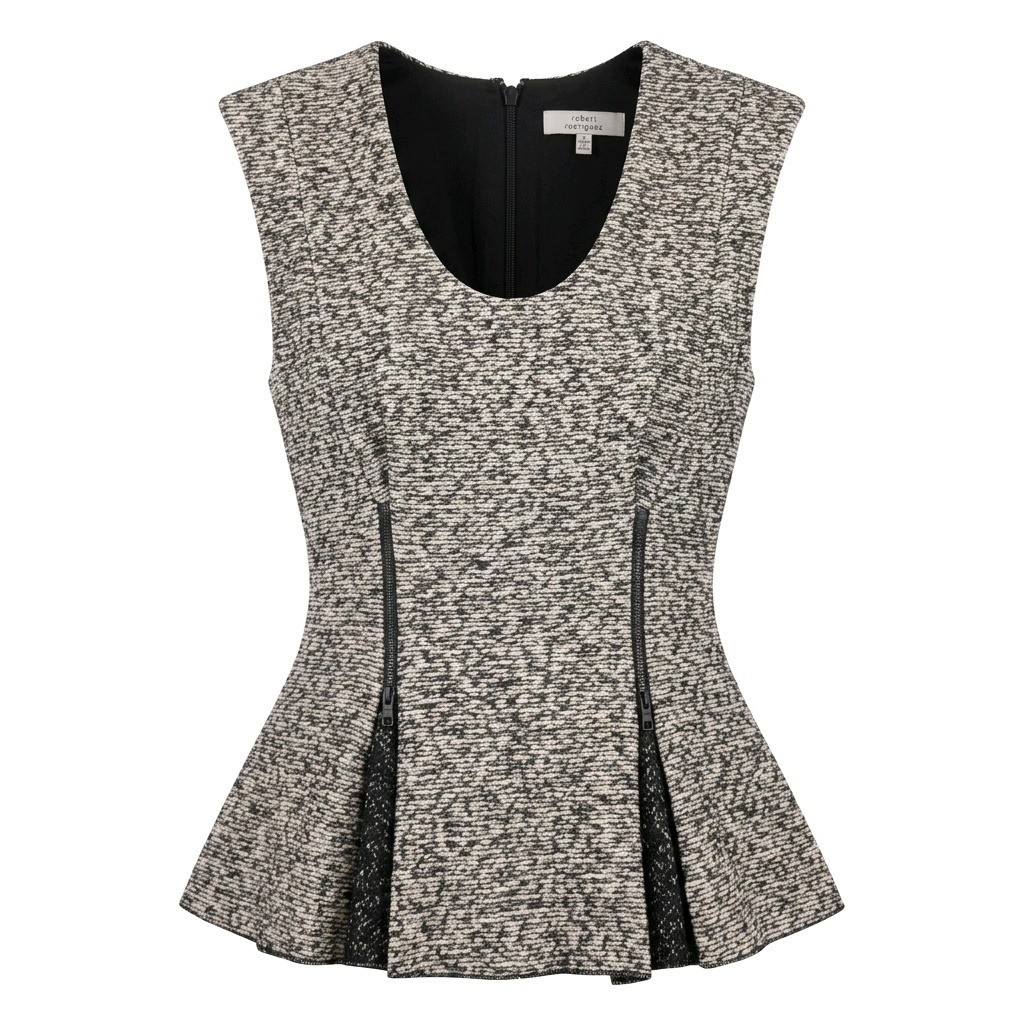 Robert Rodriguez Womens Black White Textured Knit Peplum Top Zipper Detail 2