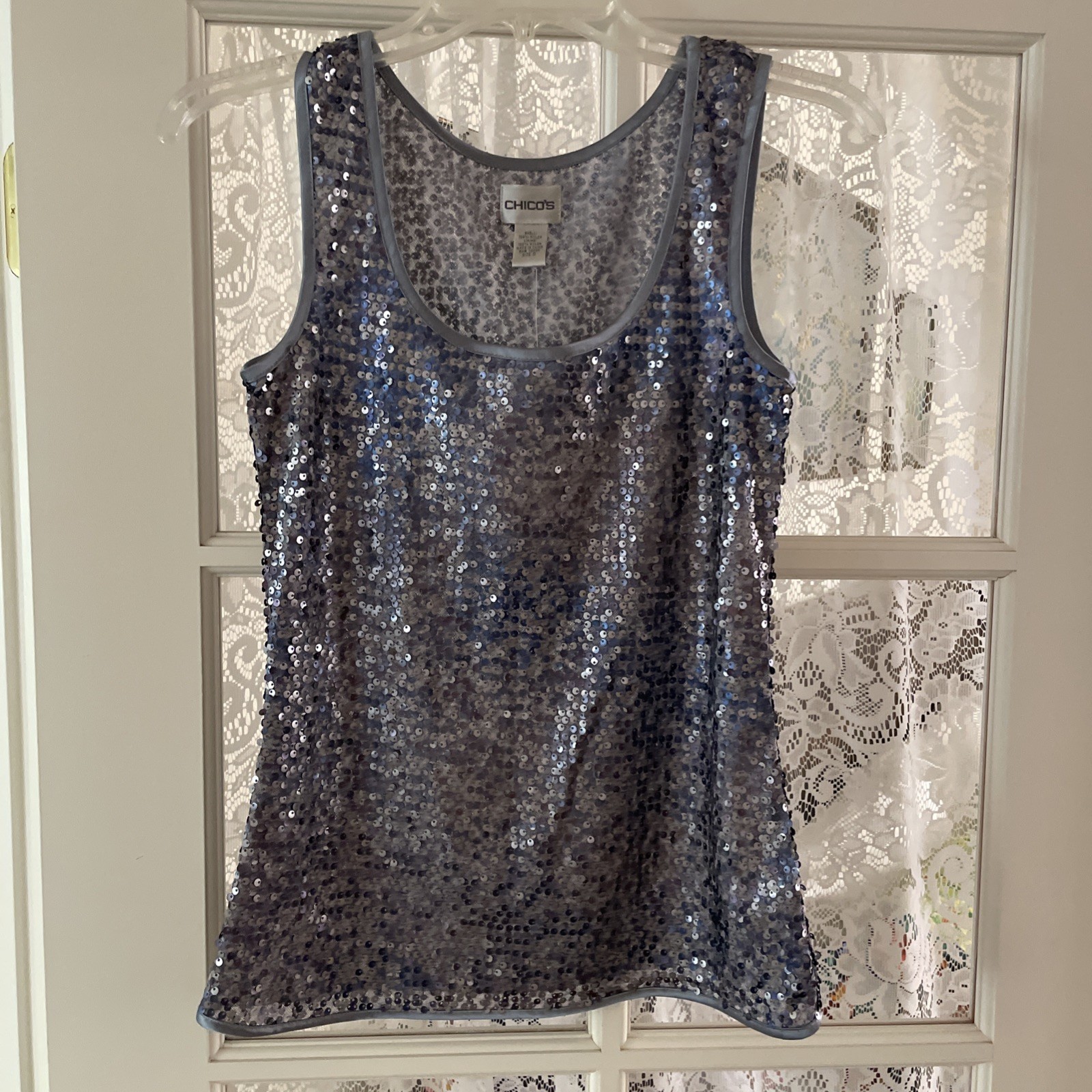 Chico’s Sz 0 Sleeveless Tank Shell Base Top Sequins Silver Gray Nylon