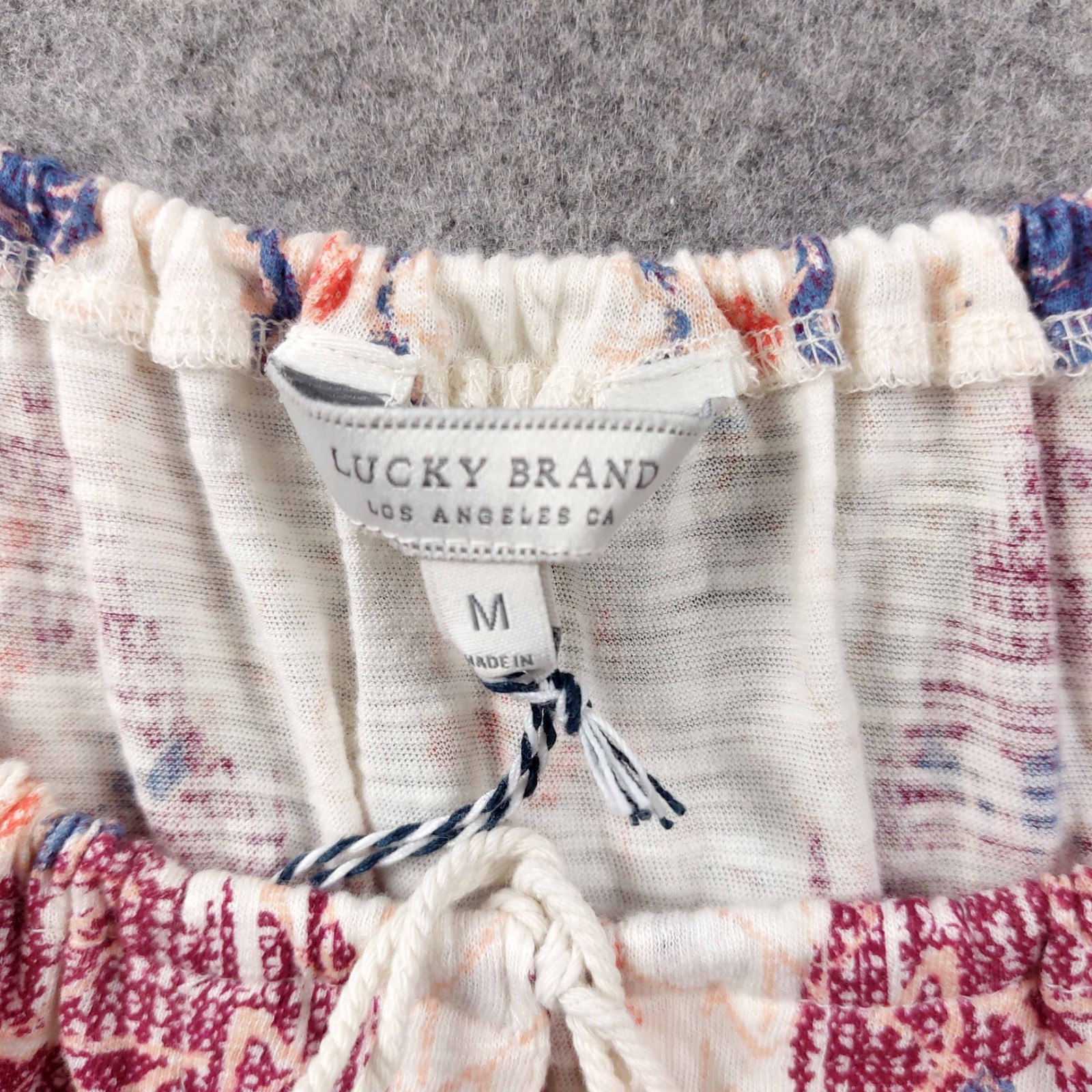 Lucky Brand Boho Peasant Top Womens Medium Tribal Print Tassel Tie Short Sleeve