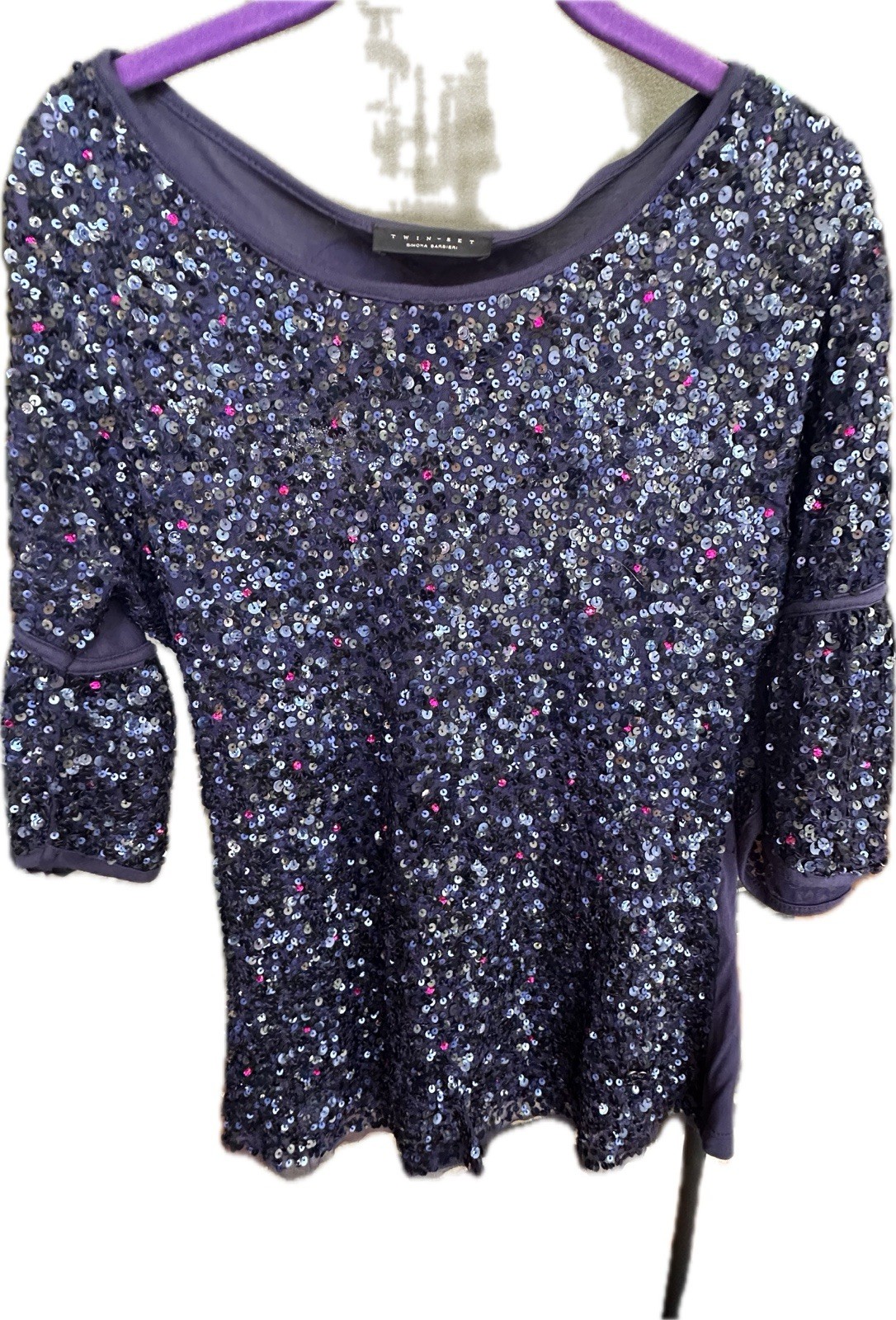 Twin-Set Sequin Dark Blue Bell Sleevies Top Size XS