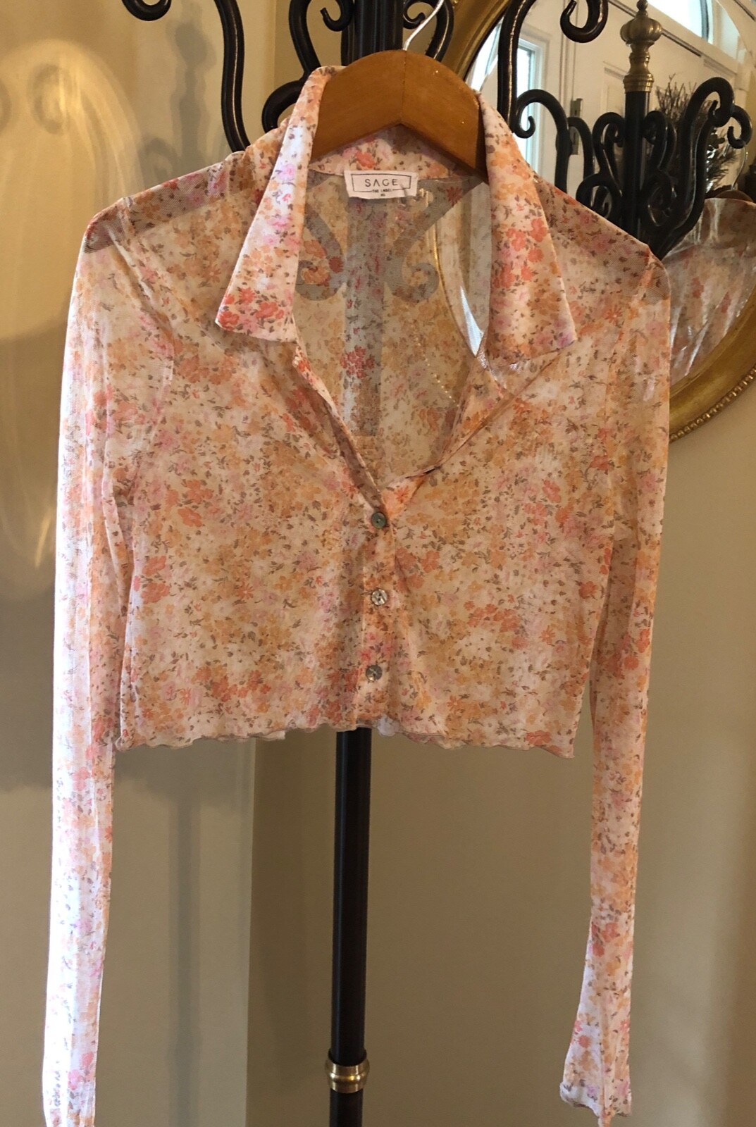 SAGE THE LABEL “Ciao Rome” Sheer Faded Floral Cropped Long Sleeve Mesh Top XS