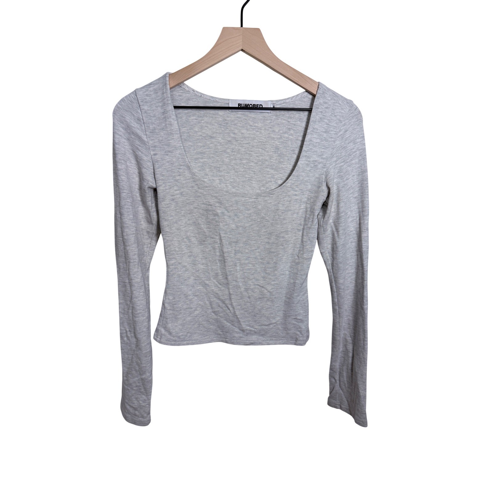 Rumored Womens Heather Grey Long Sleeve Deep Scoop Neck Jersey Knit Top Size M