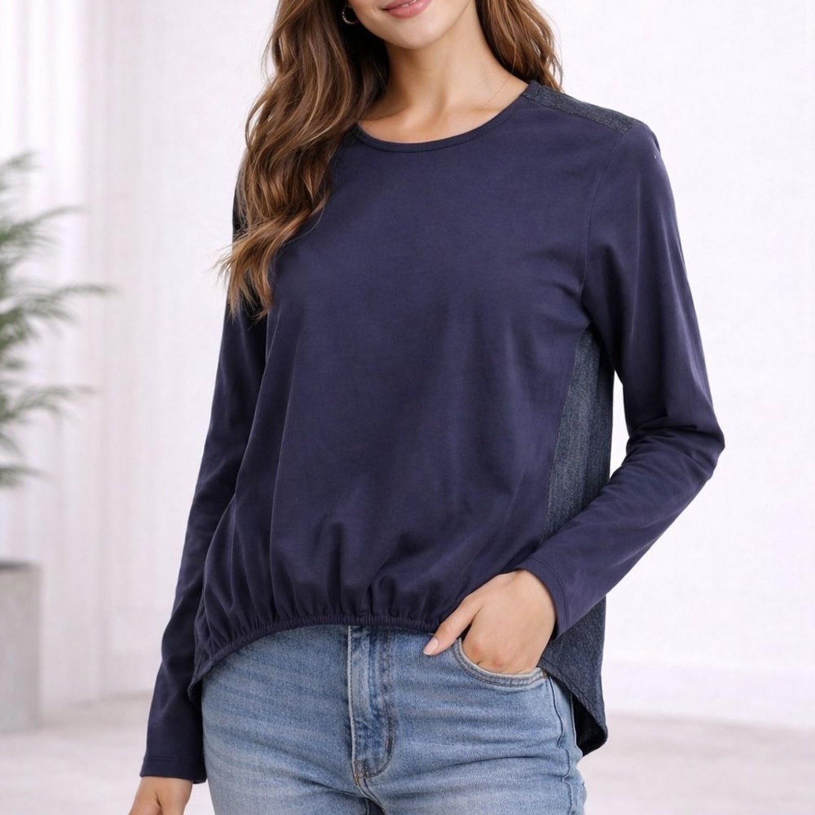 Slate & Stone Navy Mixed Media Top Denim Back Long Sleeve Size S NWT