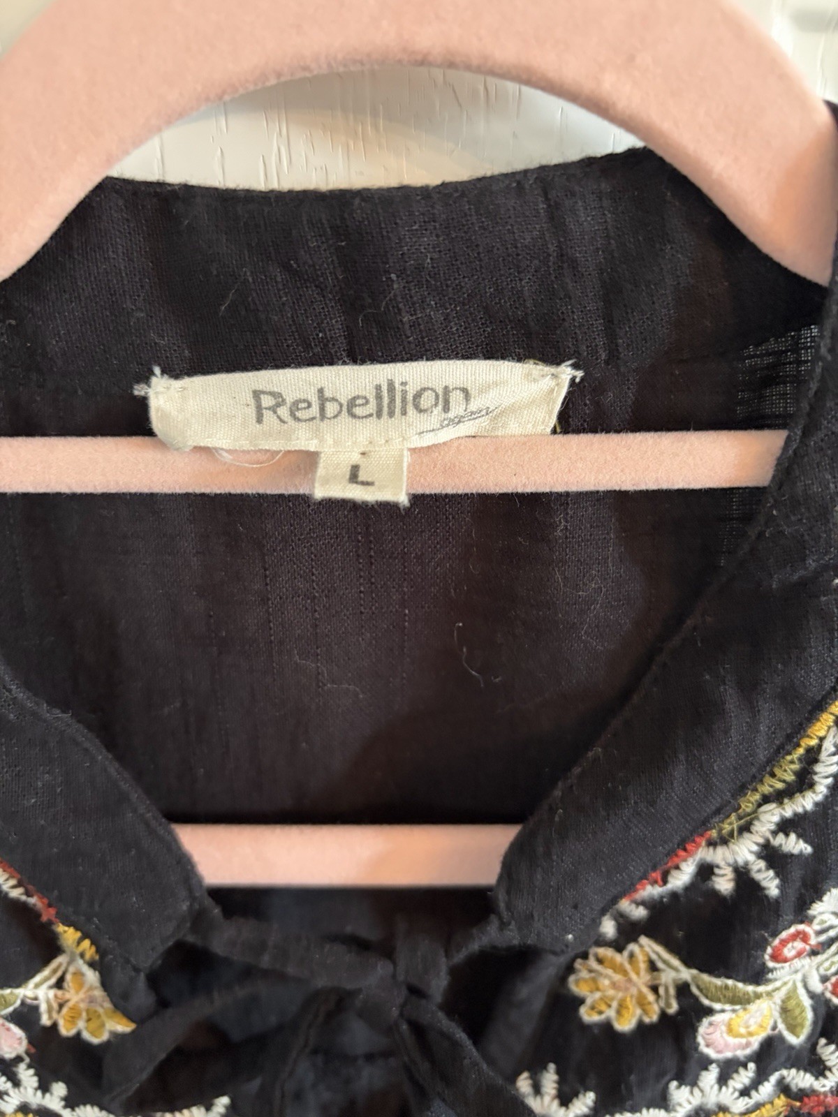 Rebellion Black Pleasant Style Ruffled Blouse with Floral Embroidery Size L