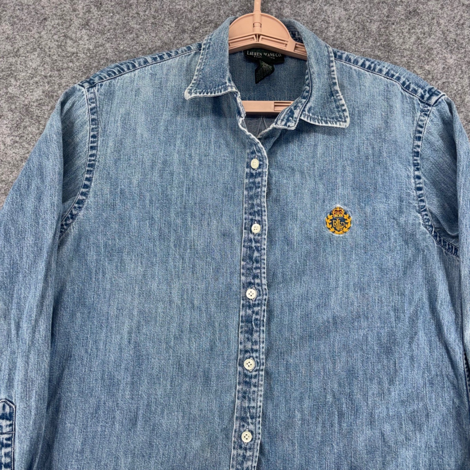 Lauren Jeans Co Ralph Lauren Denim Shirt Womens Medium Blue Crest Logo Cotton