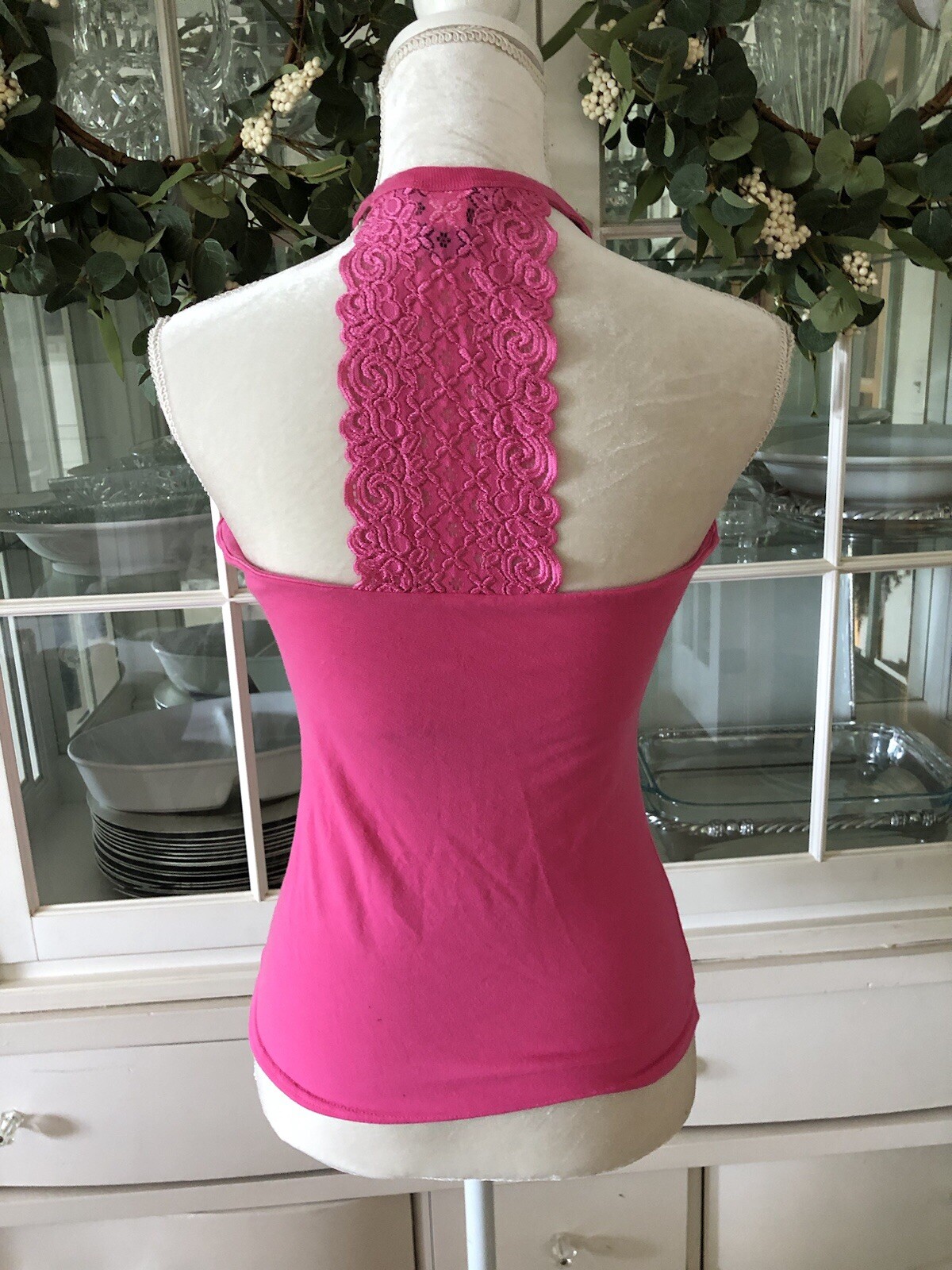 Y2K cami Moda International High Neck Lace Back Tank Top Pink Medium