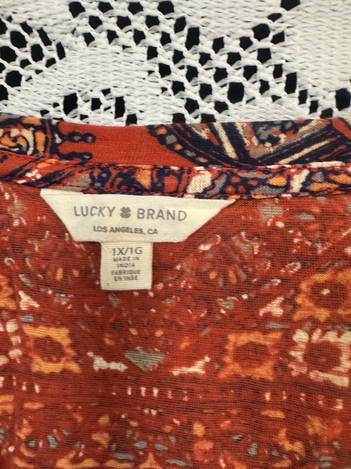 Lucky Brand Persian Carpet Tee 1X Boho Chic Colorful Office Festival Scoop Neck