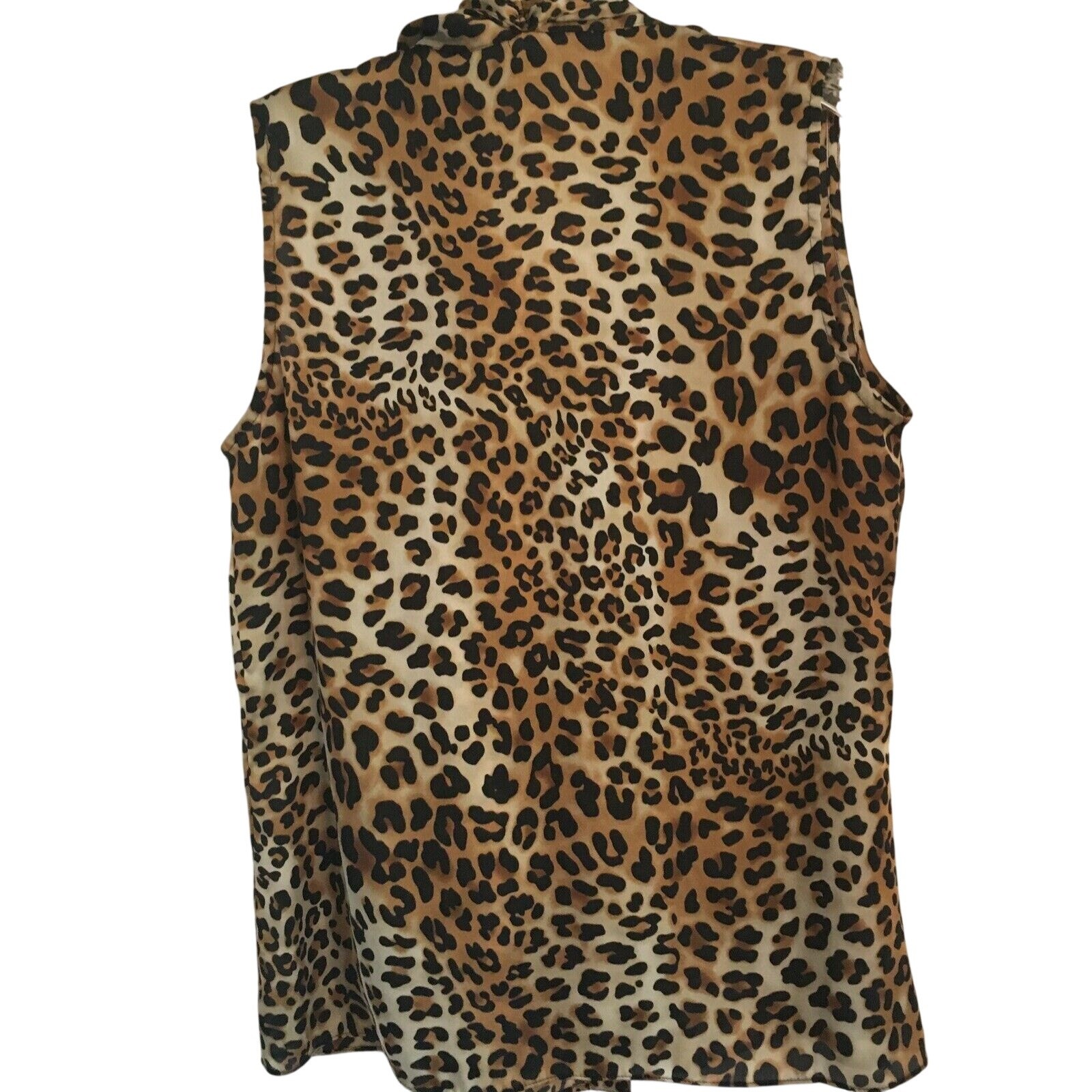 Vintage Chaus size 6 sleeveless blouse self tie neckline tan black animal print