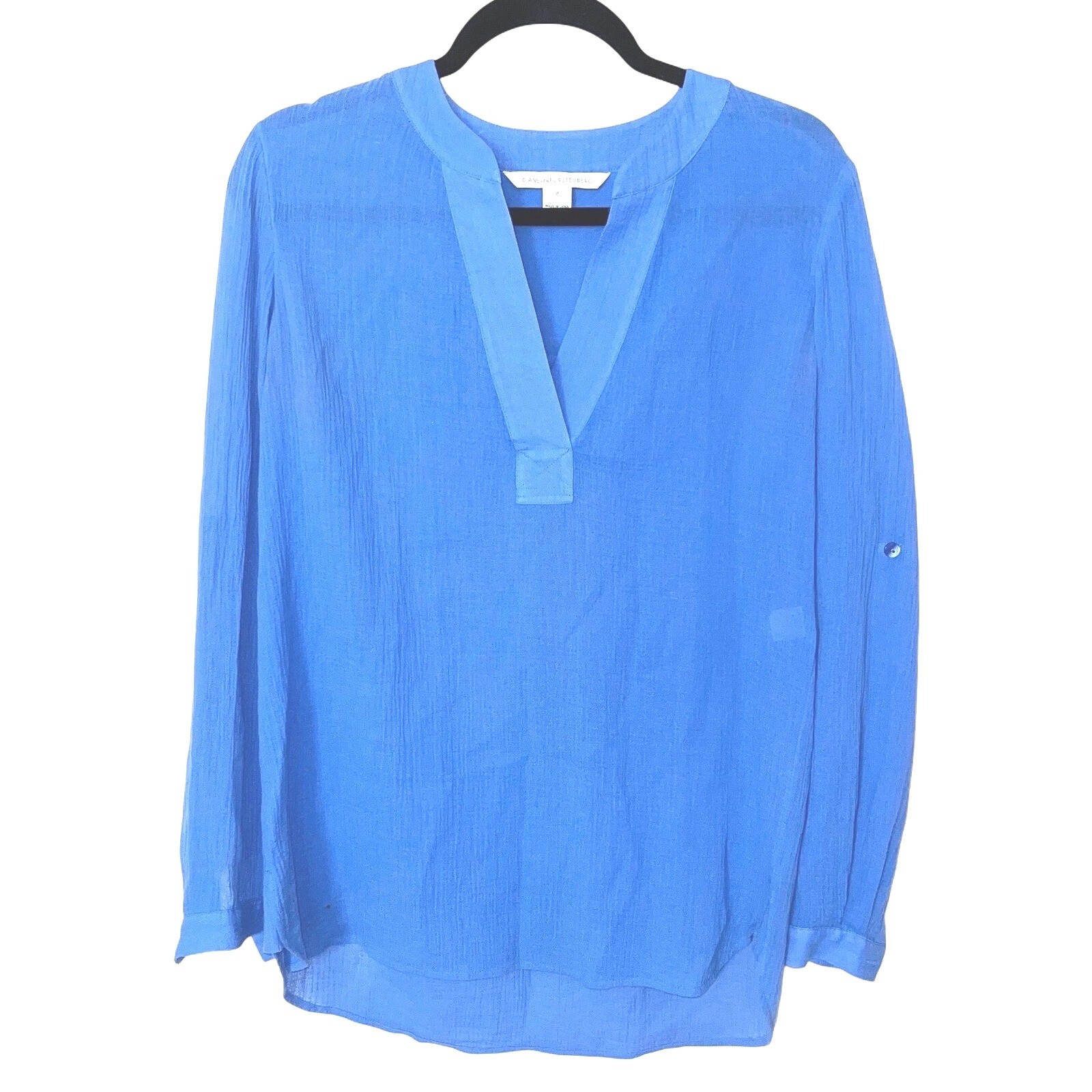 Diane Von Furstenberg Cotton Crepe Roll Tab Sleeve Blouse Blue Size 0 EUC