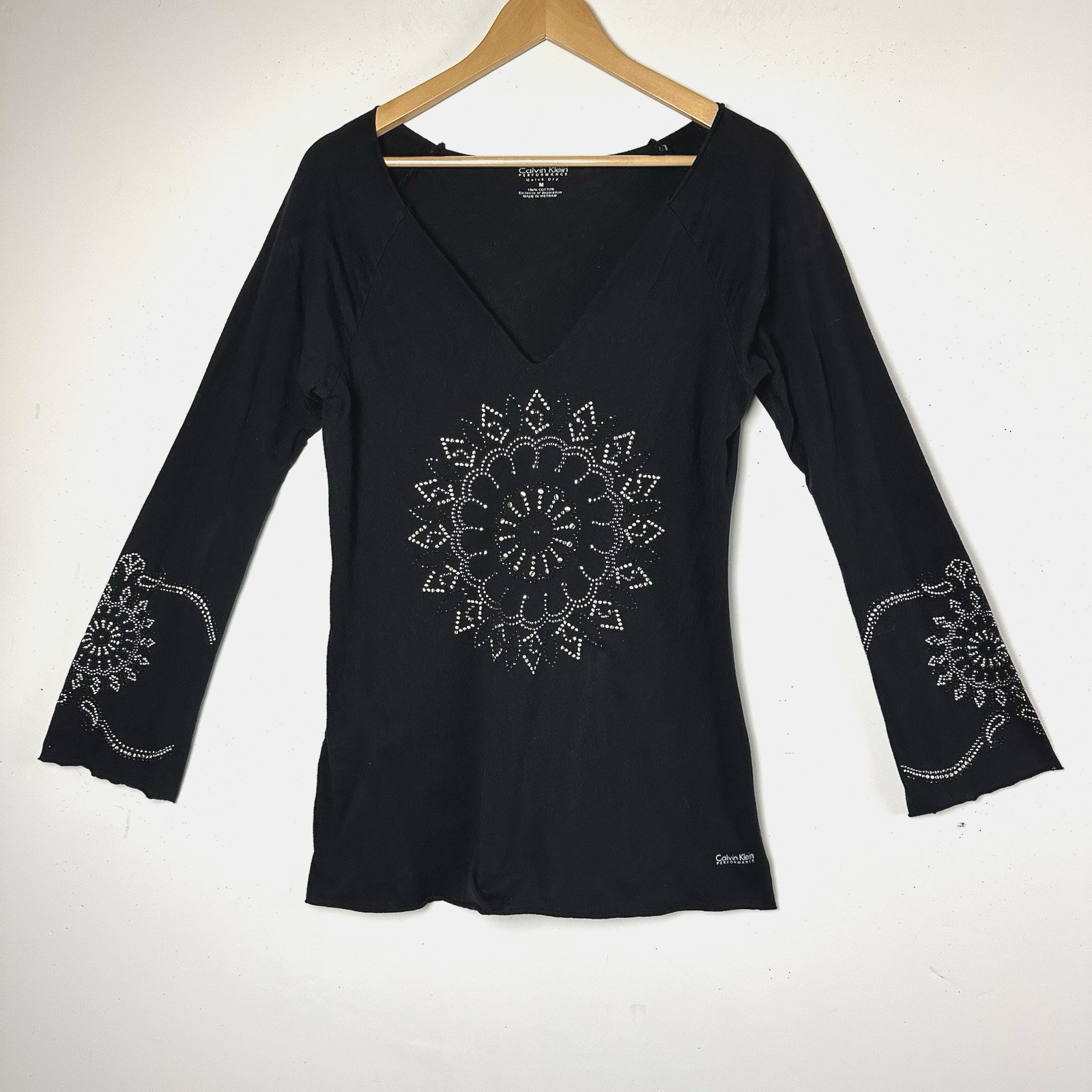 Calvin Klein Top Flare Sleeve Longline Black Bling Y2K Fairy Grunge Whimsigoth M