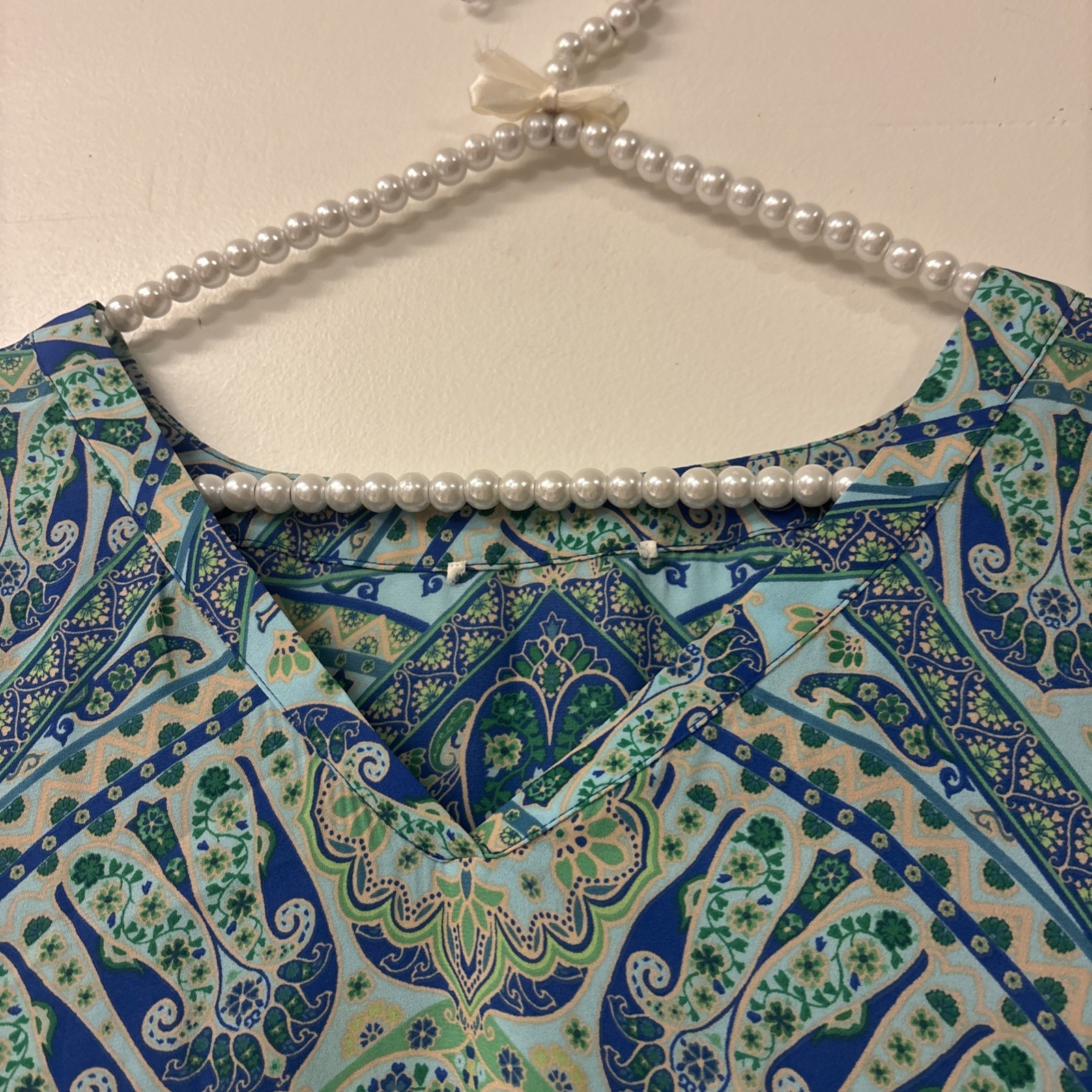 Blue Green Paisley Mandala Print Kaftan Poncho V-Neck Boho Tunic Cover Up