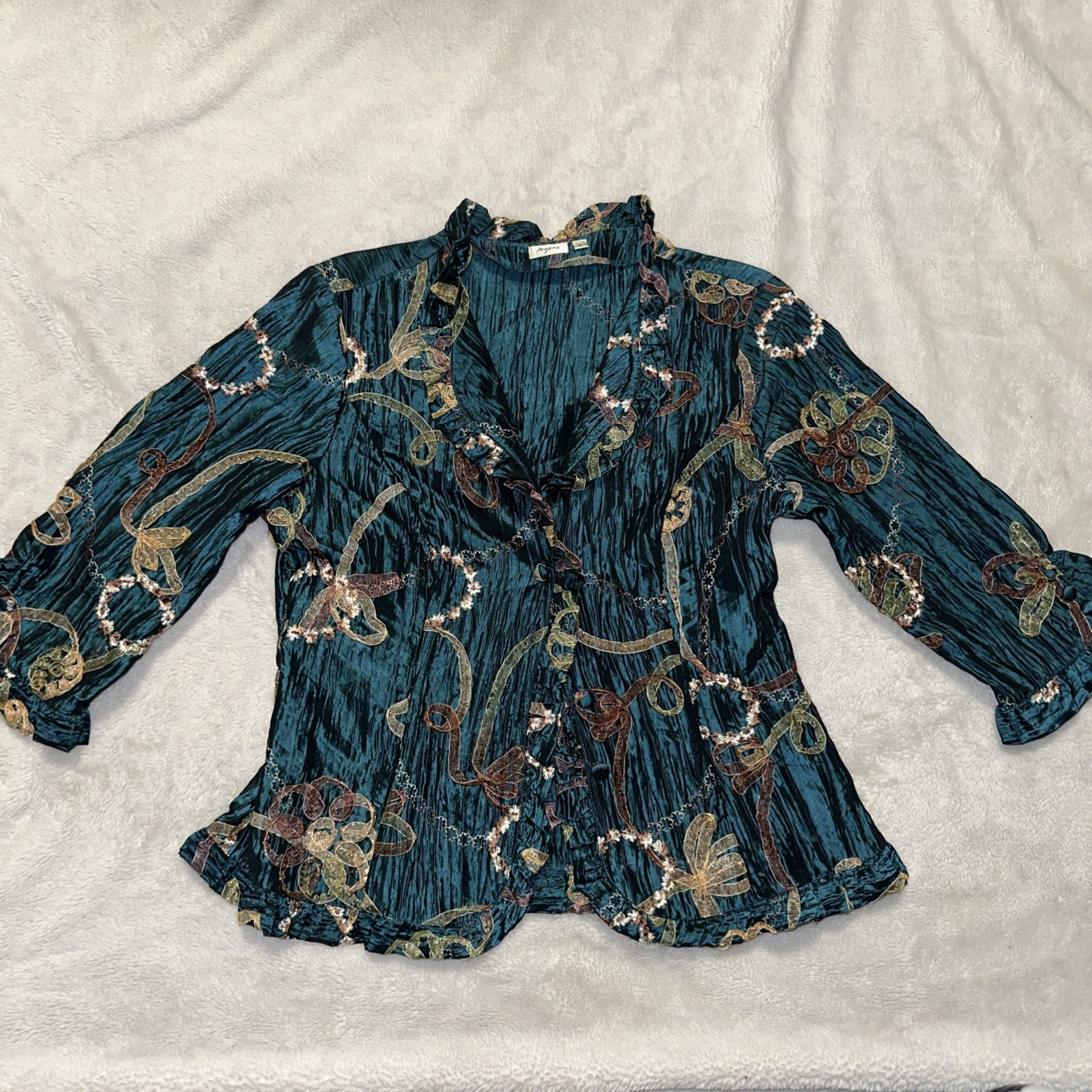 Agora Sea Green Textured & Crinkle Fabric Blouse Size L