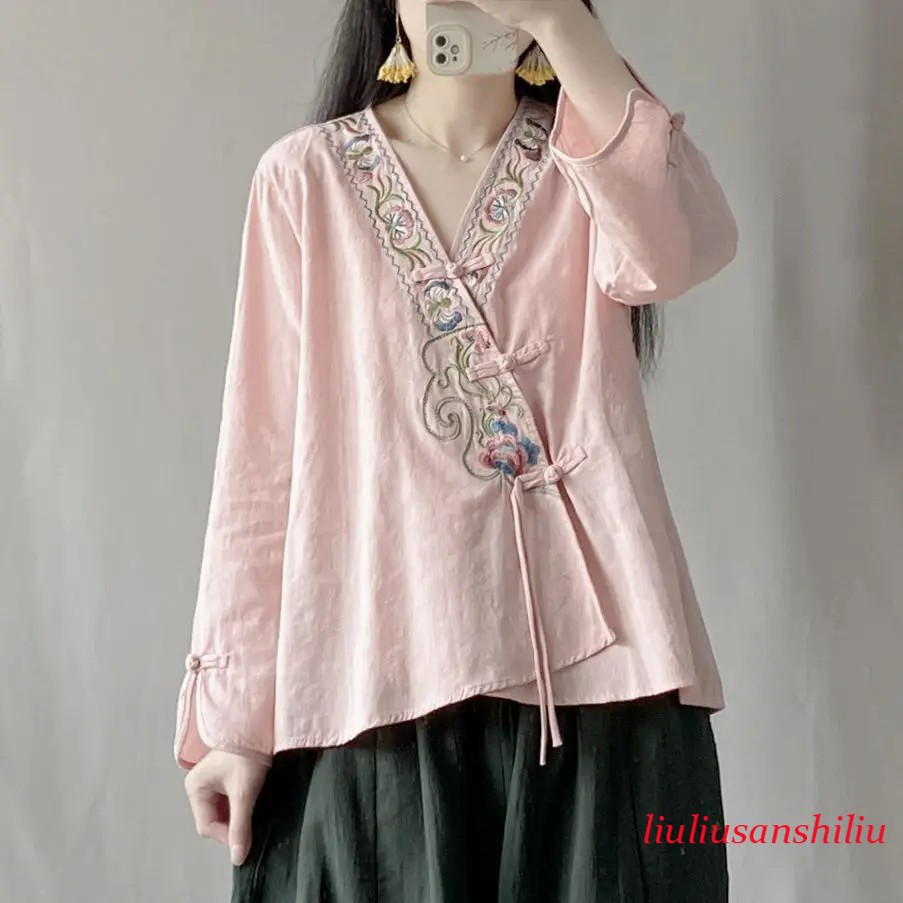 Retro ChineseStyle Embroidered Shirt Hanfu Women Cardigan Short Top Qipao Blouse