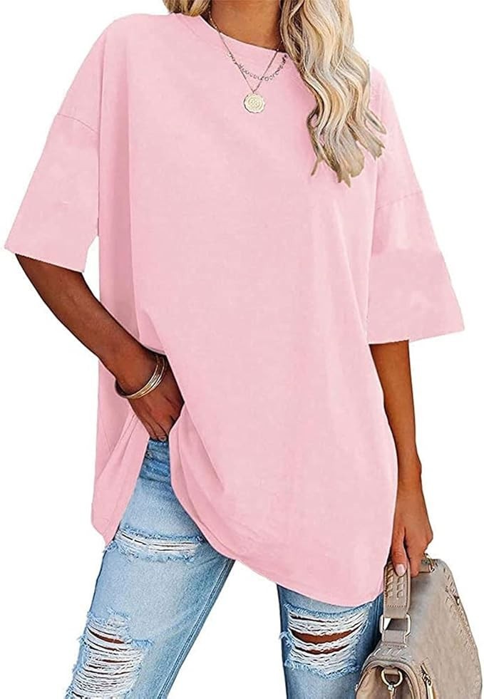 F118 Womens Oversized T Shirts Pink Short Sleeve Tops Basic Solid Boxy Tee 2XL