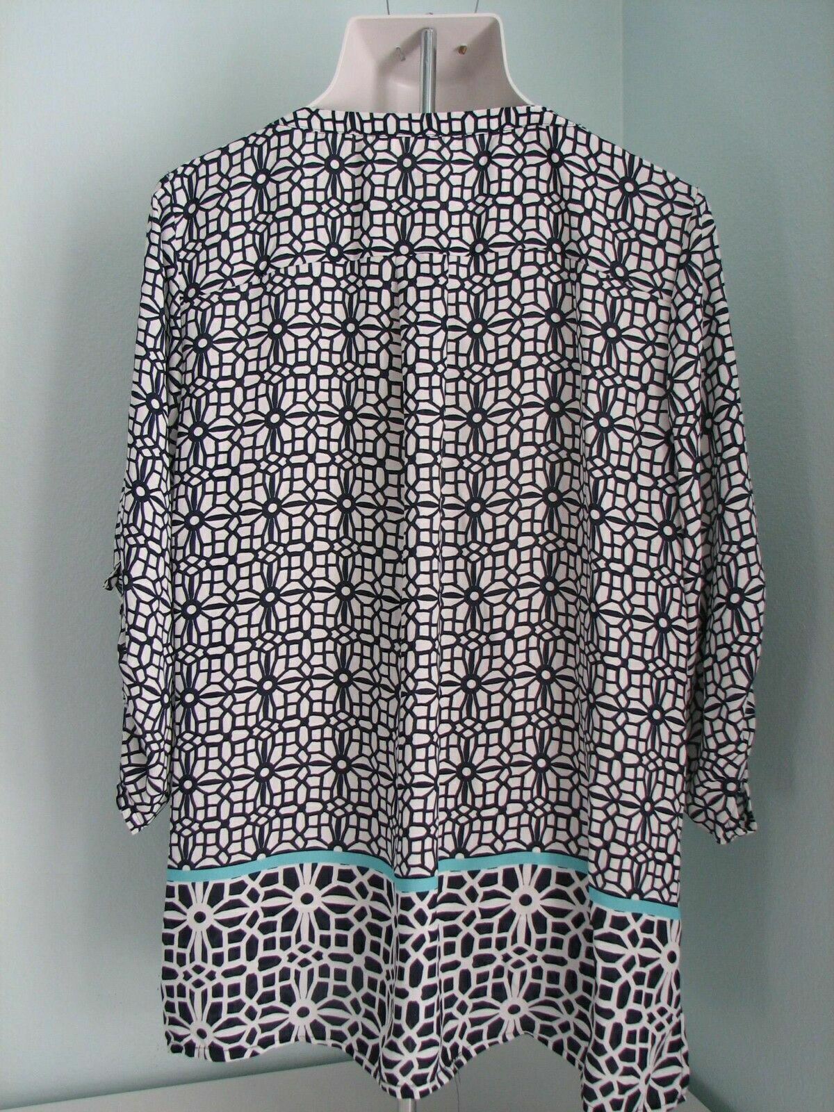 Plus Size V Neck Navy Print Tunic Top Blouse Tacera Long Length 2X