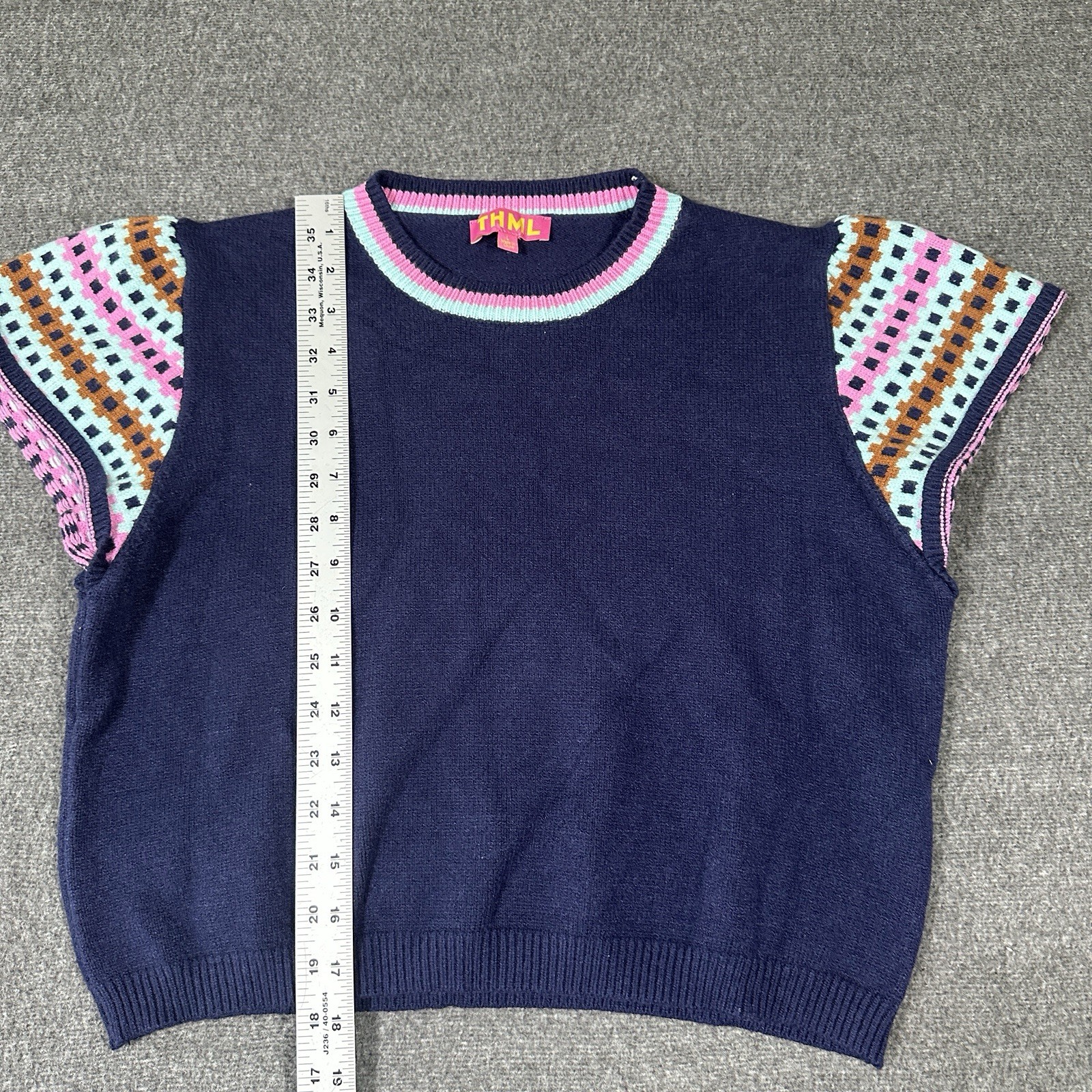 THML Flutter Cap Sleeve Knit Sweater Top Women’s Size Large Navy Blue Boho