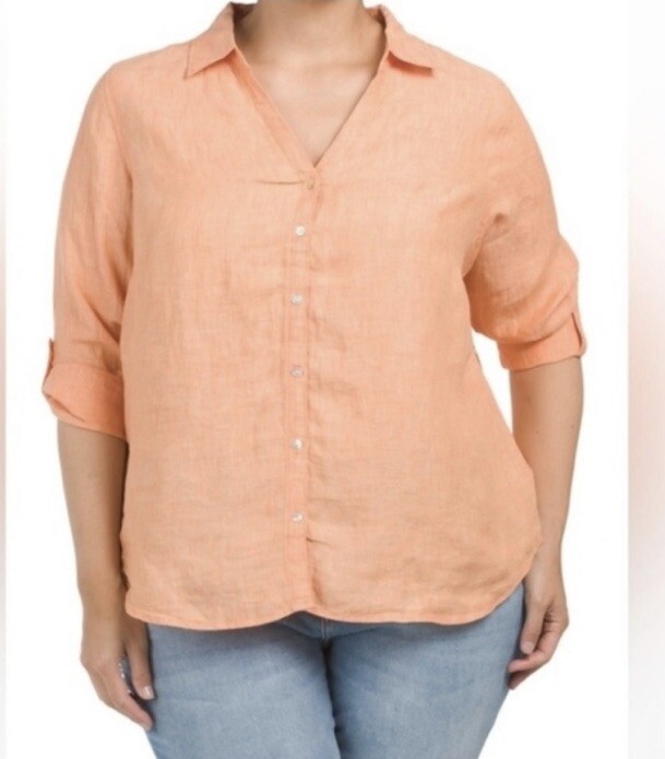 NWT Sigrid Olsen 100% Linen Button Up Blouse Plus 1X Roll Tab Sleeves Coral Top