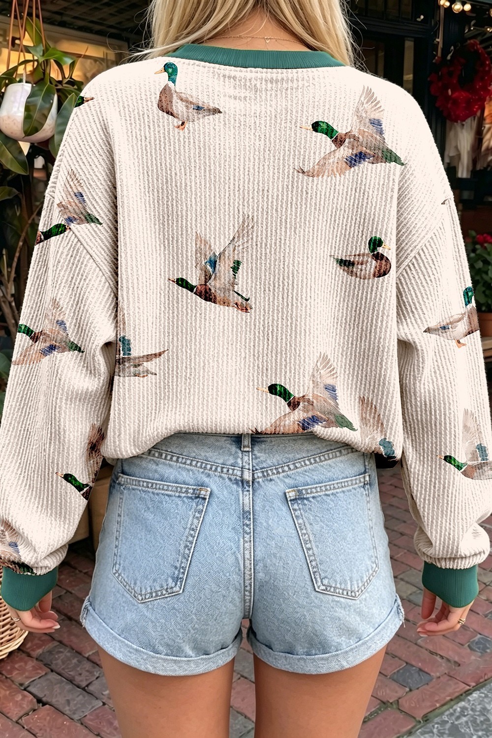 SYNZ Twisted Ribbed Duck Print Crewneck Top | Women’s Casual Pullover Shirt