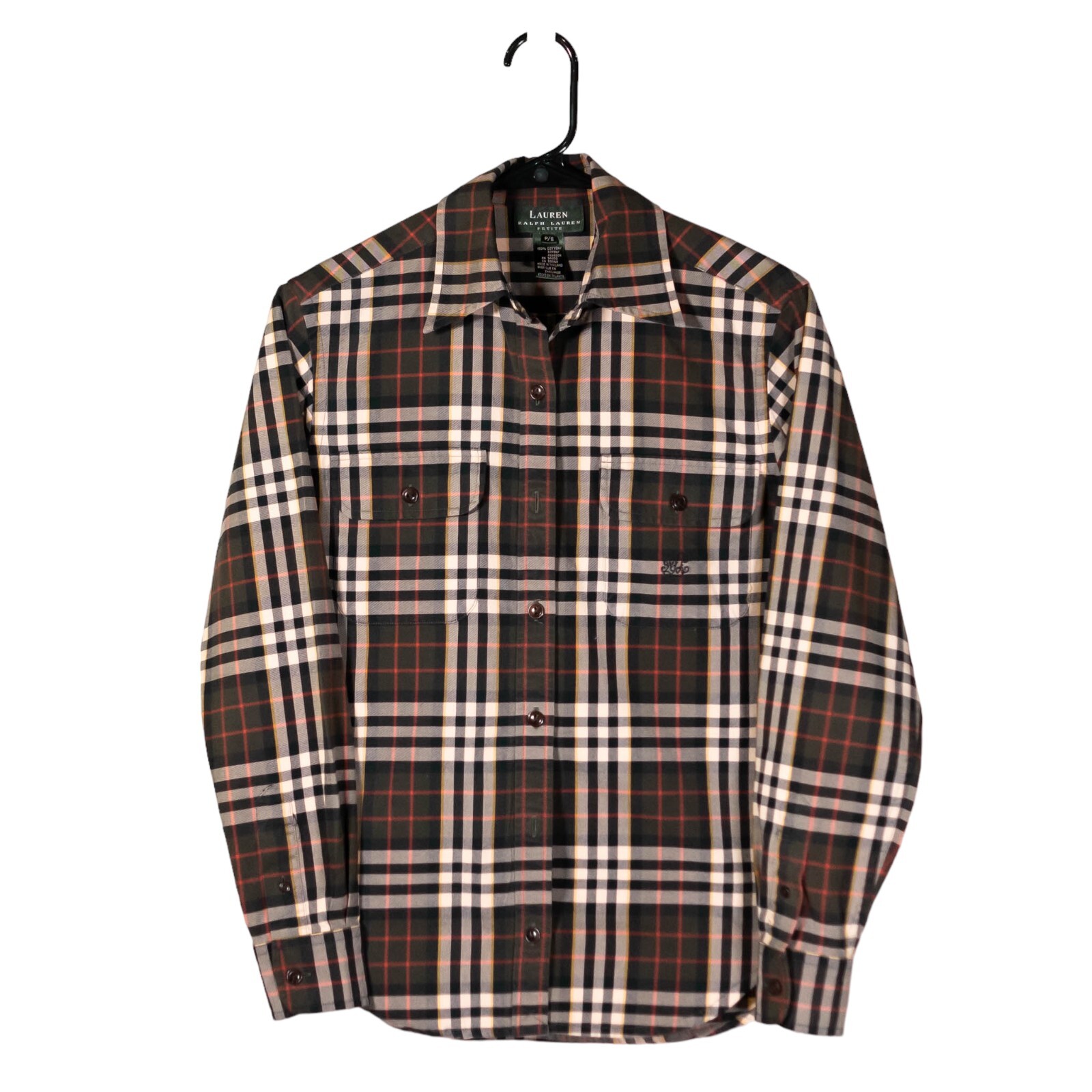 Ralph Lauren Women’s Shirt Olive Green Plaid Brushed Cotton Preppy Fall Top PS