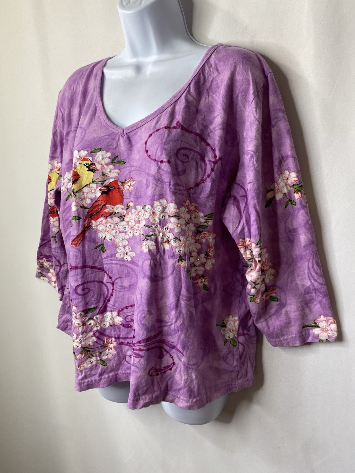Collections Etc Womens Cardinals Shirt Size XL Spring Summer Floral Cottagecore