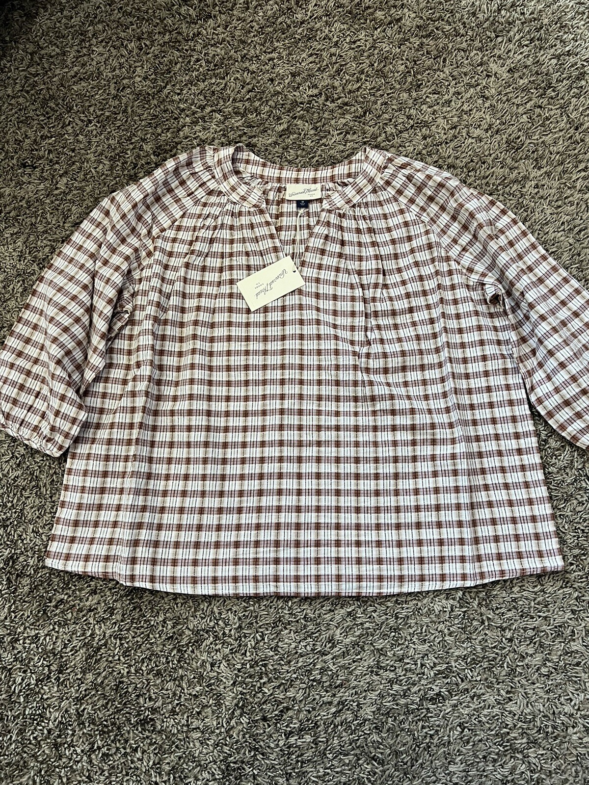 Universal Thread Women’s Blouse Top Shirt Boho Plaid Balloon Sleeve Tan Brown M