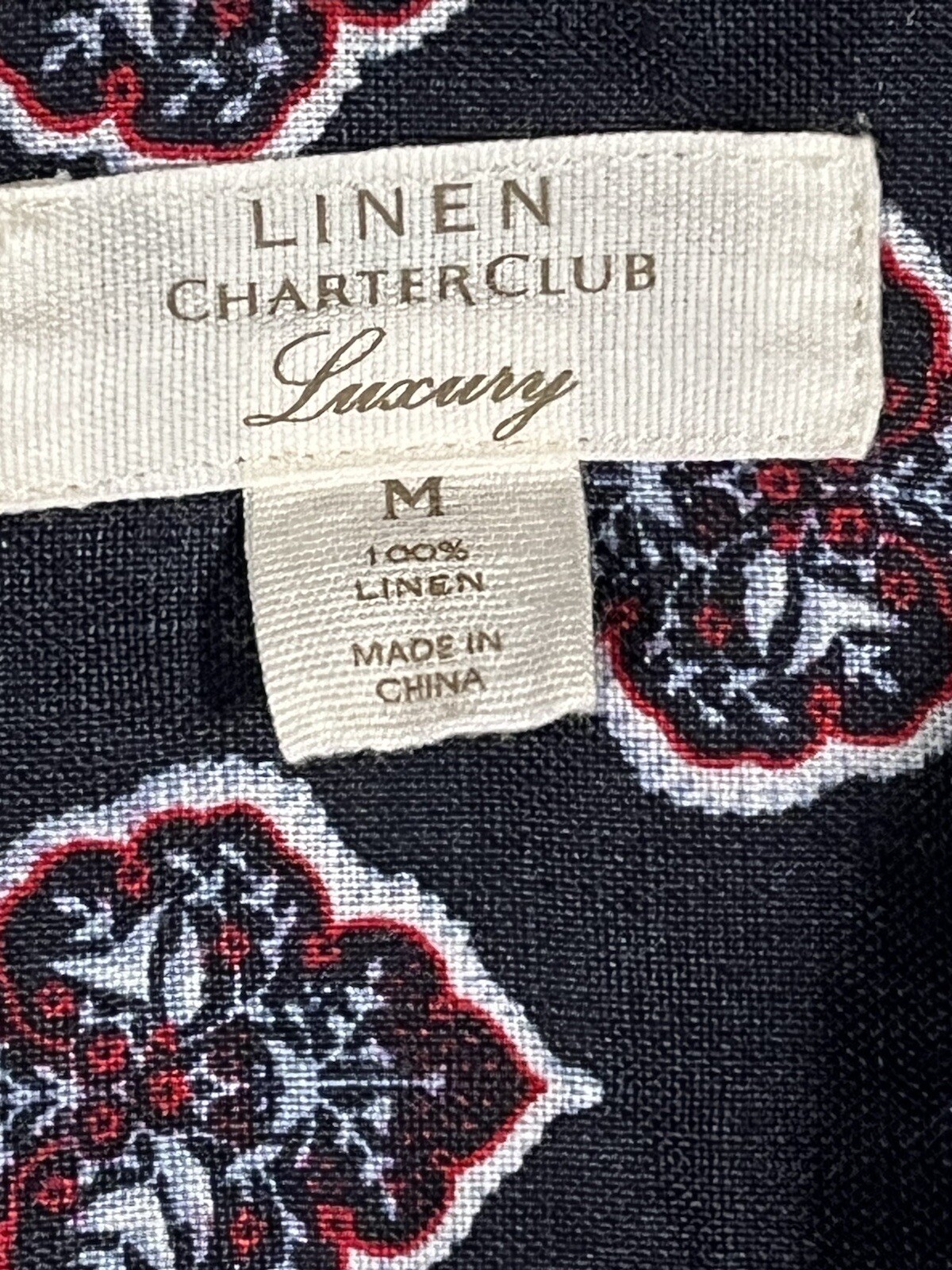 Charter Club Luxury Linen Blouse All Over Print Blue & Red Front Button Shirt M