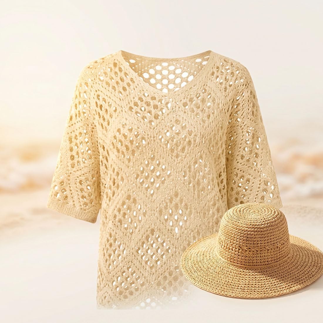 Women’s Bohemian-Inspired Beige Crochet Top with V-Neck