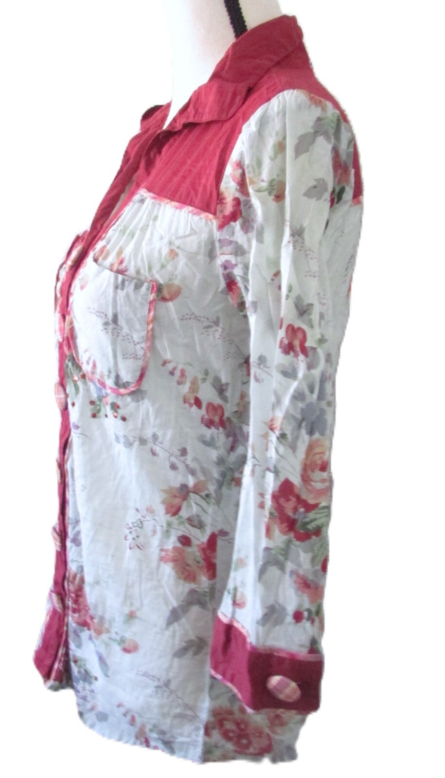 Floral Blouse M 3/4 sleeve Big plaid Buttons Pockets Mixed Media Boho Festival