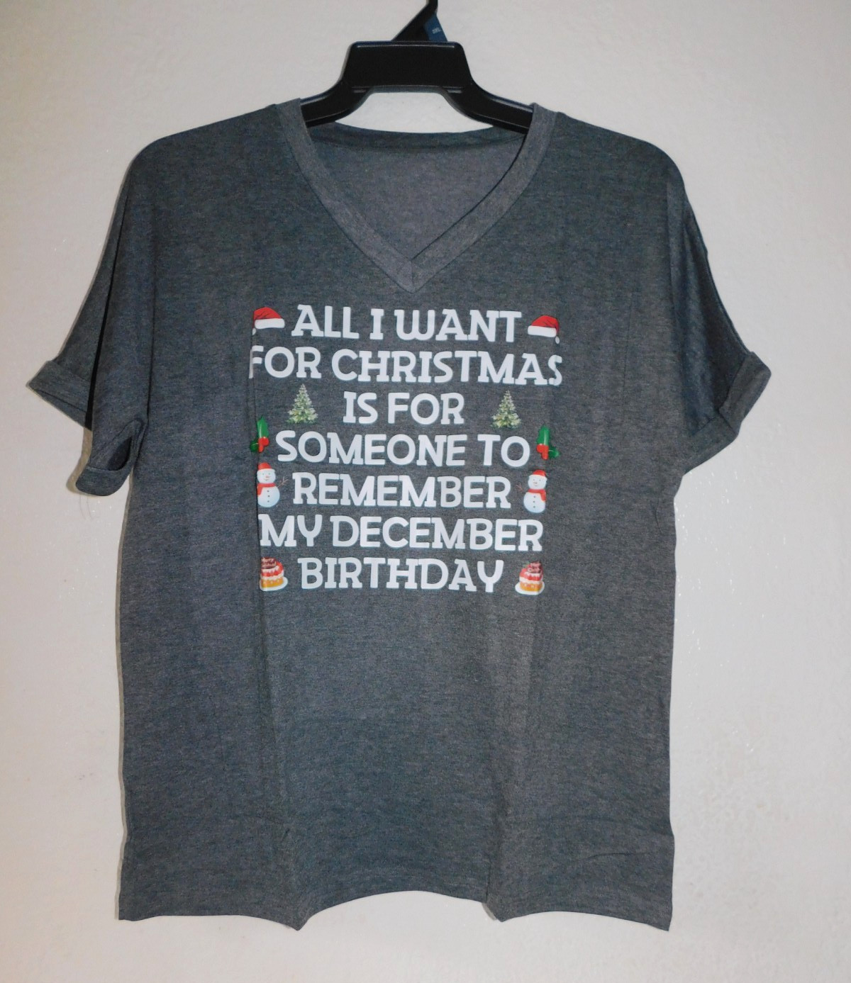 Womens December Birthday T Shirt Large T Shirt Gray V Neck