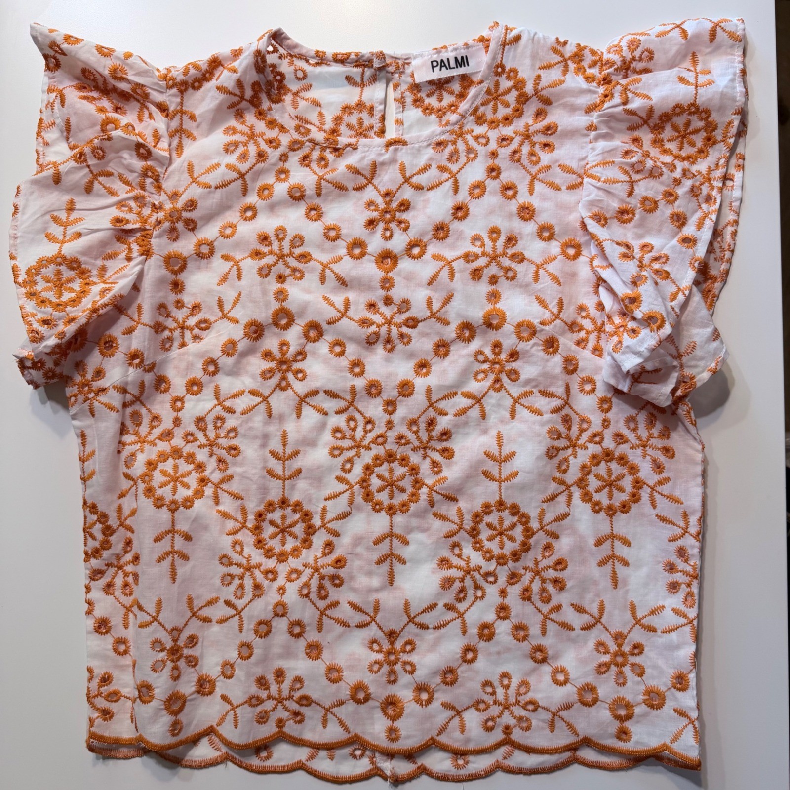 PALMI Women Orange White Eyelet Embroidered Ruffle Sleeve Scalloped Hem Blouse