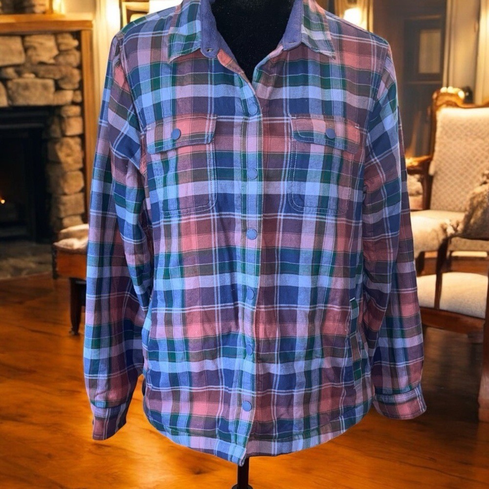 Y2K L.L. Bean Fleece Lined Plaid Button Down Shirt Jacket women’s size Medium