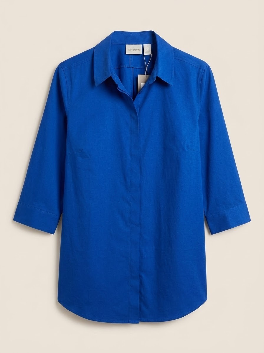 ​NWT Chico’s Women’s Size 2 (XL / 12-14) Enamel Blue No-Iron Shirt​Description