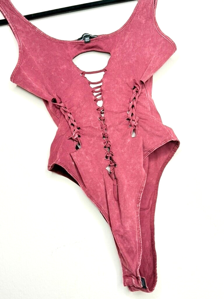 POSTER GIRL Burgundy Med Bodysuit Red Lace Up Bodycon Grunge Chic Y2K Party Club