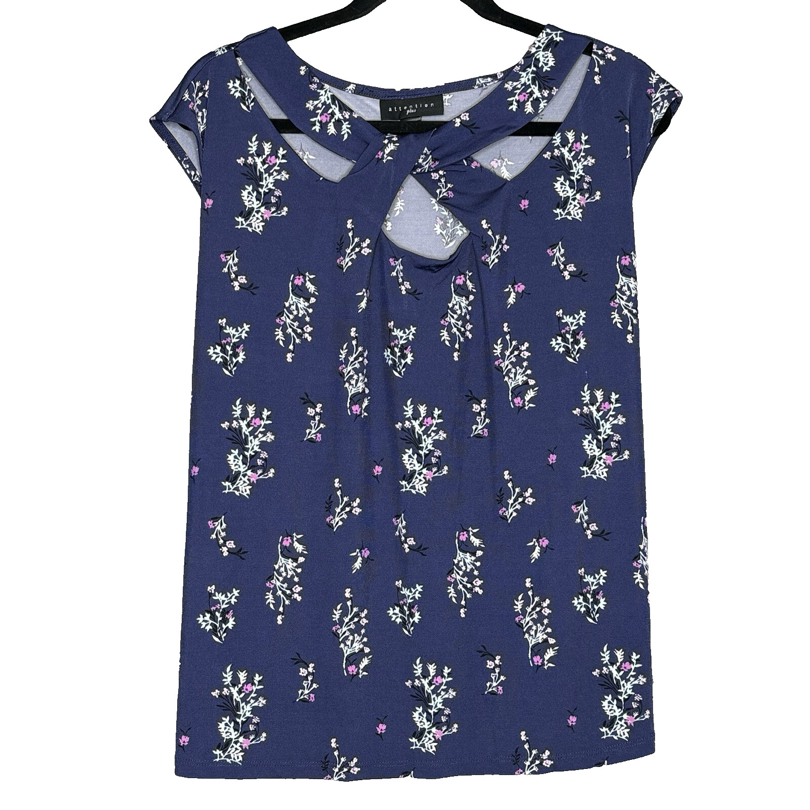Attention Plus Women’s Top 2X Blue Floral Print Twist Neck Cap Sleeve Knit Shirt