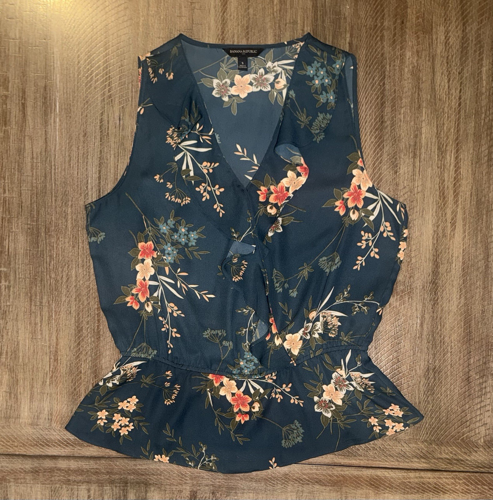 Banana Republic Sleeveless Floral Peplum Blouse Dark Teal Wrap Front Size Small
