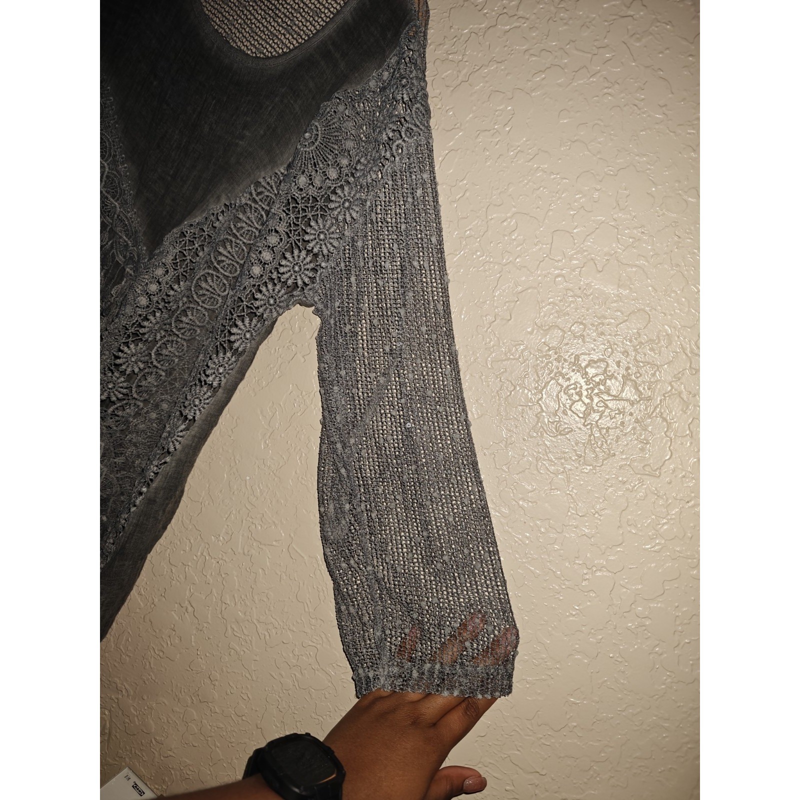 Artisan Patchwork Lace Fringe Tunic Top Grey Sheer Mesh S/M