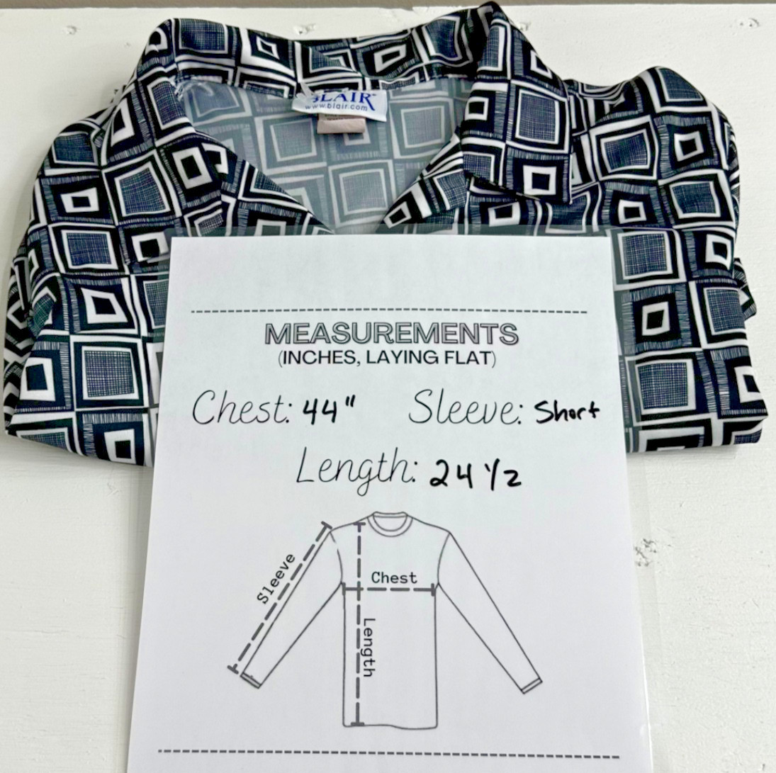 Blair womens blouse button down size LGE vintage geometric mod black square