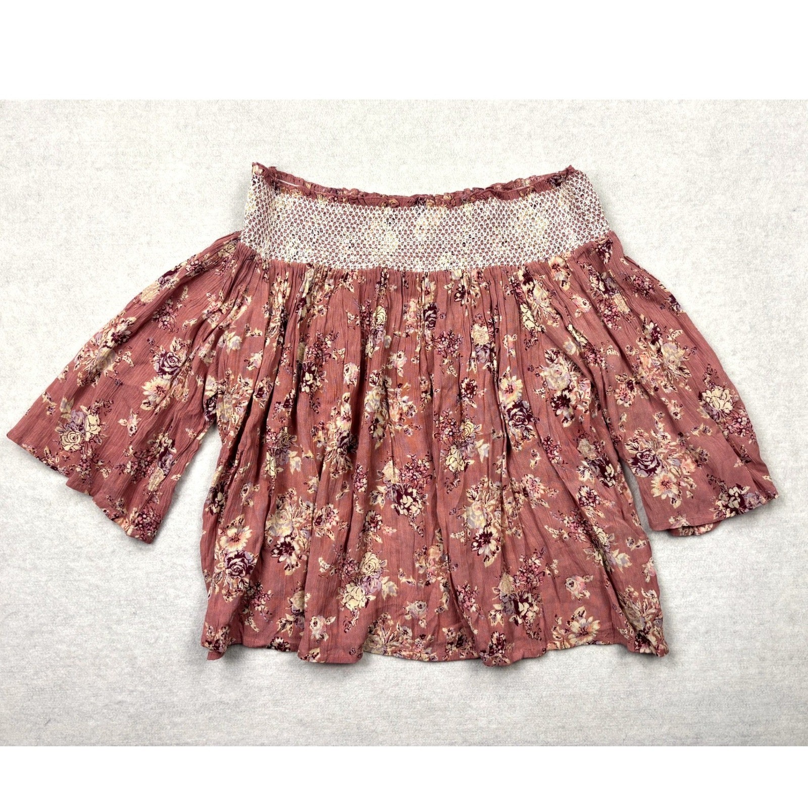 En Crème Boho Off-The-Shoulder Floral Blouse Women’s Large Mauve Rayon