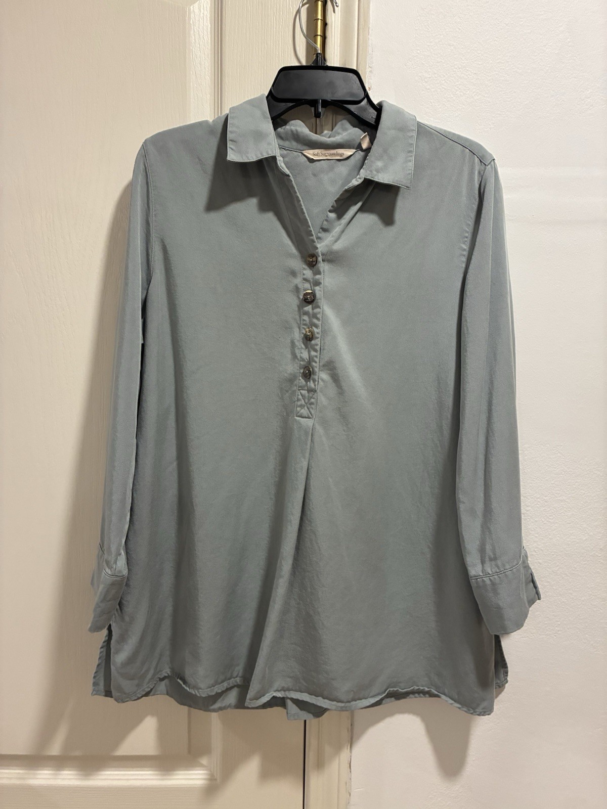Soft Surroundings Gray Tencel Button-Up Collared Blouse Tunic Large