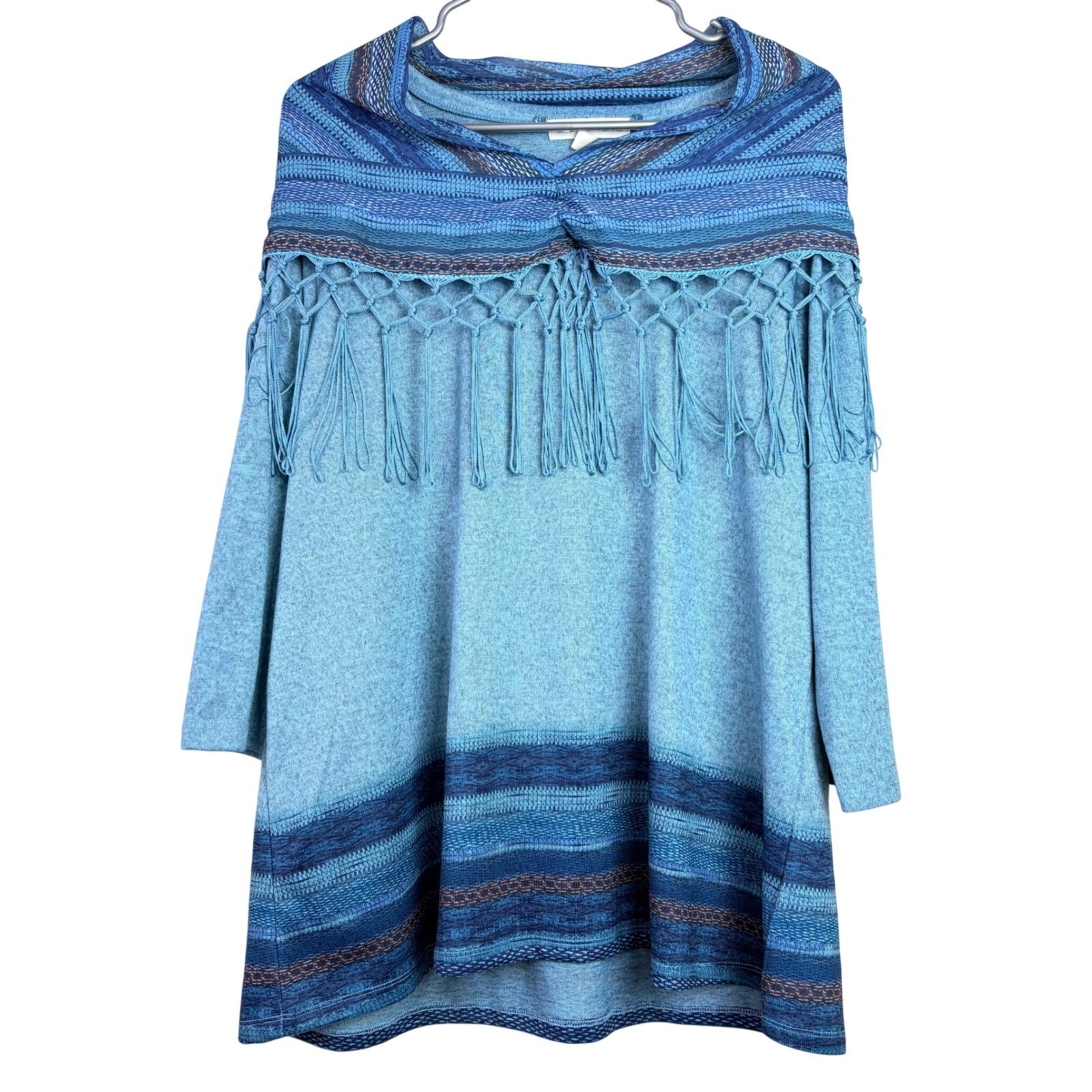 Cactus + Pearl L Blue Tunic Scarf Overlay Fringe Boho Southwest Top Western